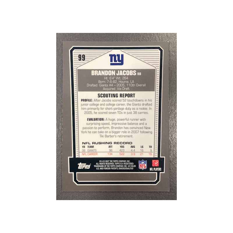 BRANDON JACOBS 2007 TOPPS DPP BLACK CHROME