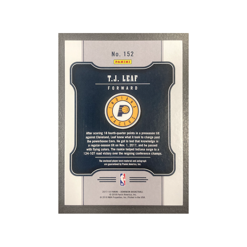 T J LEAF 2017-18 PANINI DOMINION JERSEY BRONZE AUTO 14/49