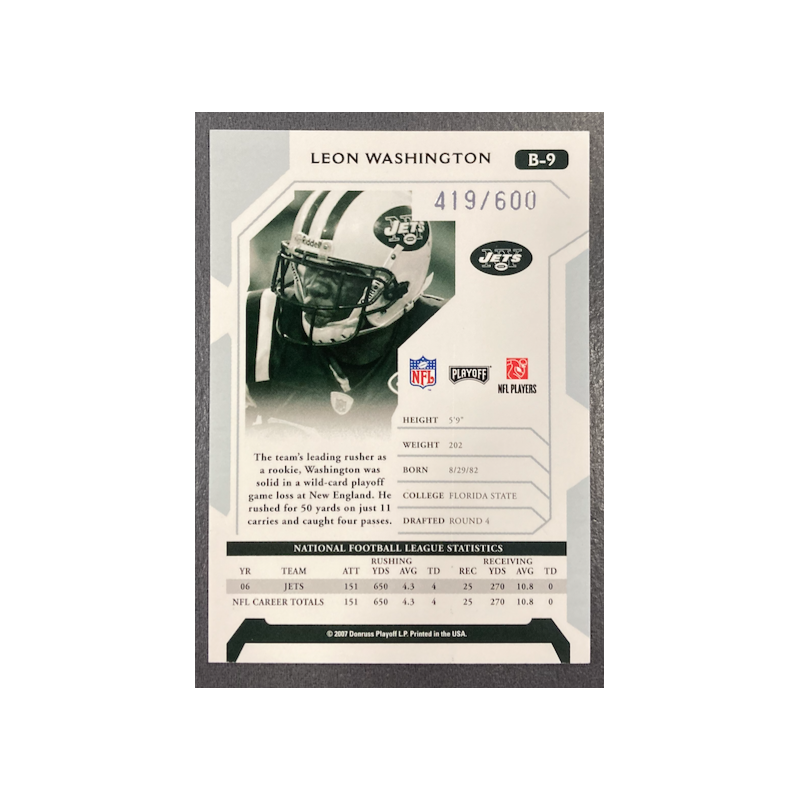 LEON WASHINGTON 2007 PLAYOFF NFL PREVIEW BONUS BLUE 419/600