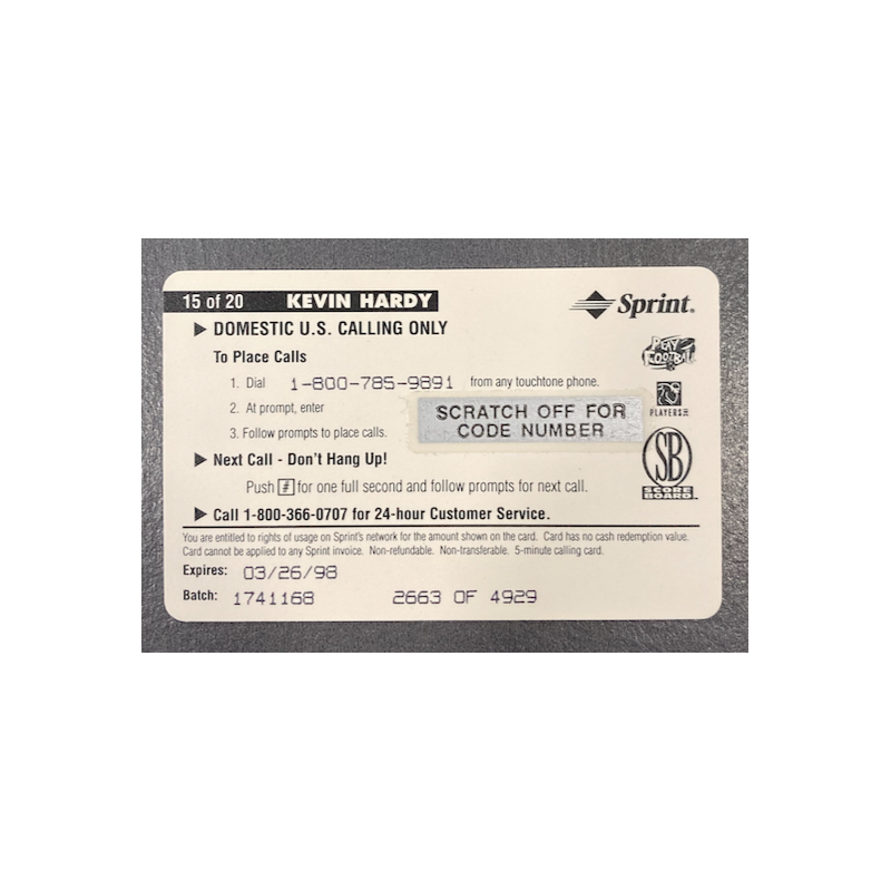 KEVIN HARDY 1996 PRO LINE INTENSE PHONE CARDS $5 2663 OF 4929