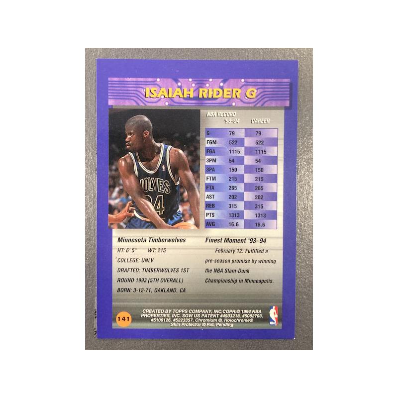 ISAIAH RIDER 1994-95 TOPPS FINEST REFRACTOR - 141