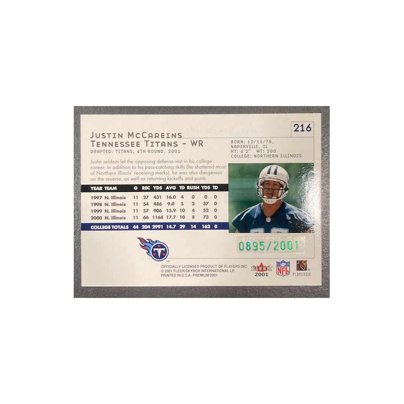 JUSTIN McCAREINS 2001 FLEER PREMIUM ROOKIE 895/2001
