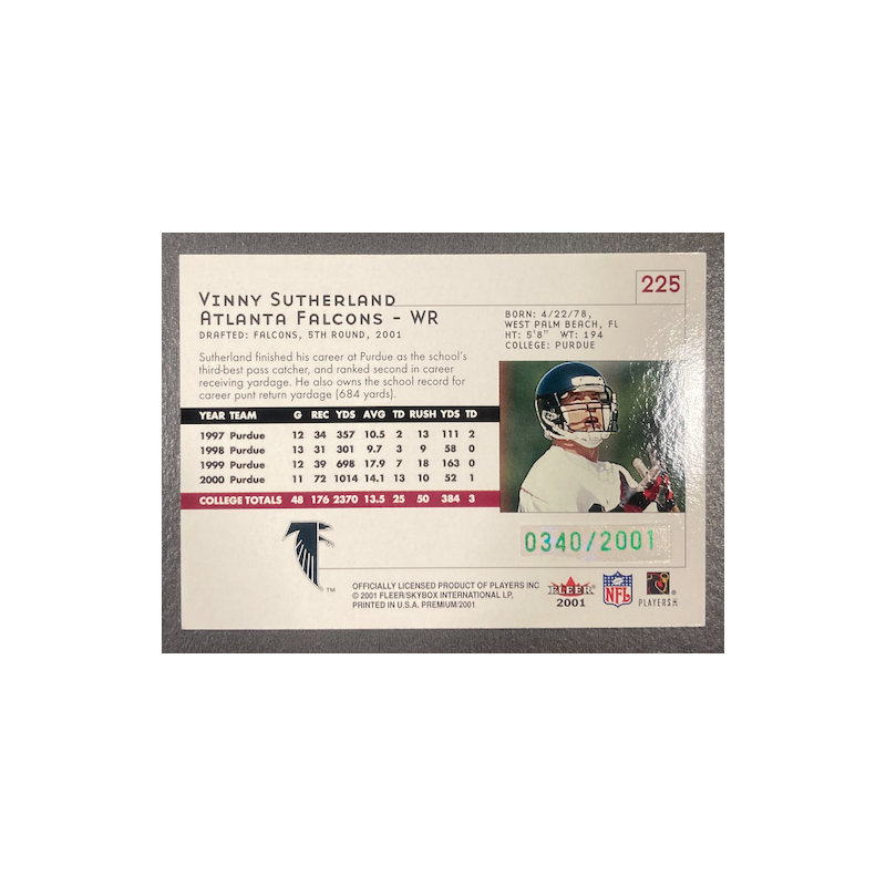 VINNY SUTHERLAND 2001 FLEER PREMIUM ROOKIE 340/2001