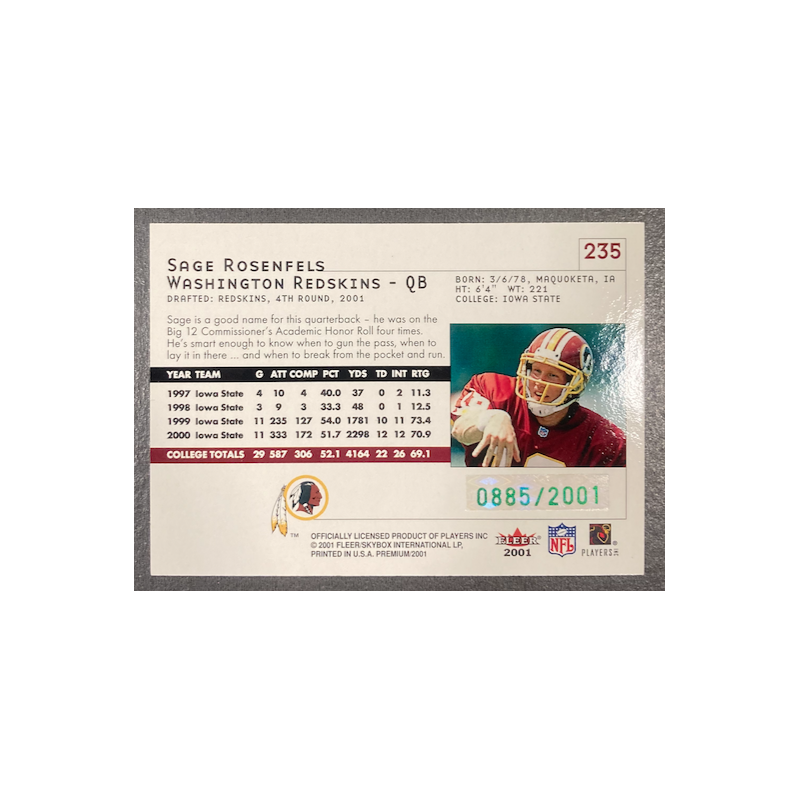 SAGE ROSENFELS 2001 FLEER PREMIUM ROOKIE 885/2001