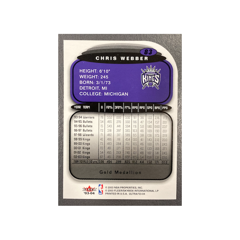 CHRIS WEBBER 2003-04 FLEER ULTRA GOLD MEDAILLON 83