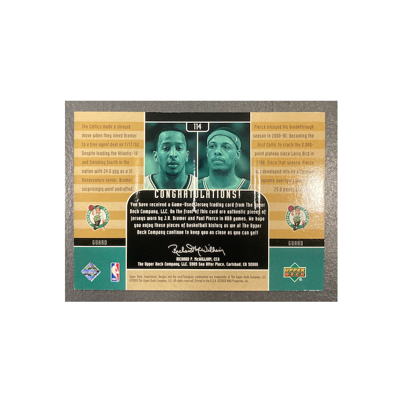 PAUL PIERCE / JR BREMER 2002-03 UPPER DECK INSPIRATIONS DUAL JERSEY 1415/1500