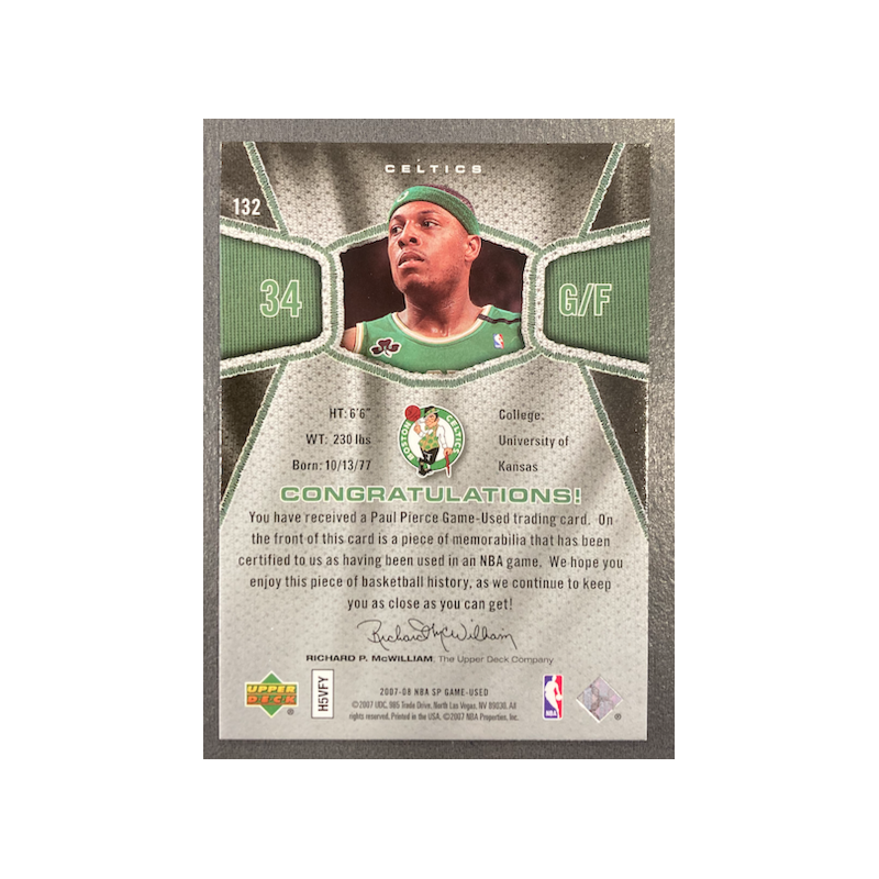 PAUL PIERCE 2007-08 UD SP GAME USED JERSEY