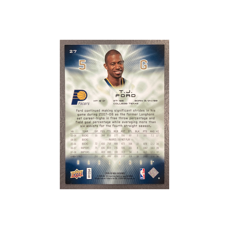 T J FORD 2008-09 UPPER DECK RADIANCE 196/299