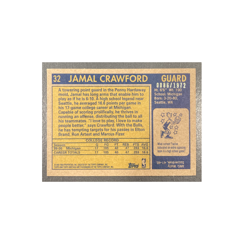 JAMAAL CRAWFORD 2000-01 TOPPS HERITAGE ROOKIE 886/1972