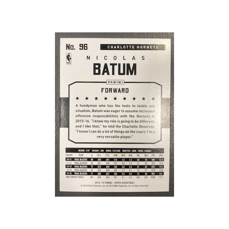 NICOLAS BATUM 2015-16 PANINI HOOPS ARTIST PROOF BLACK 1/1