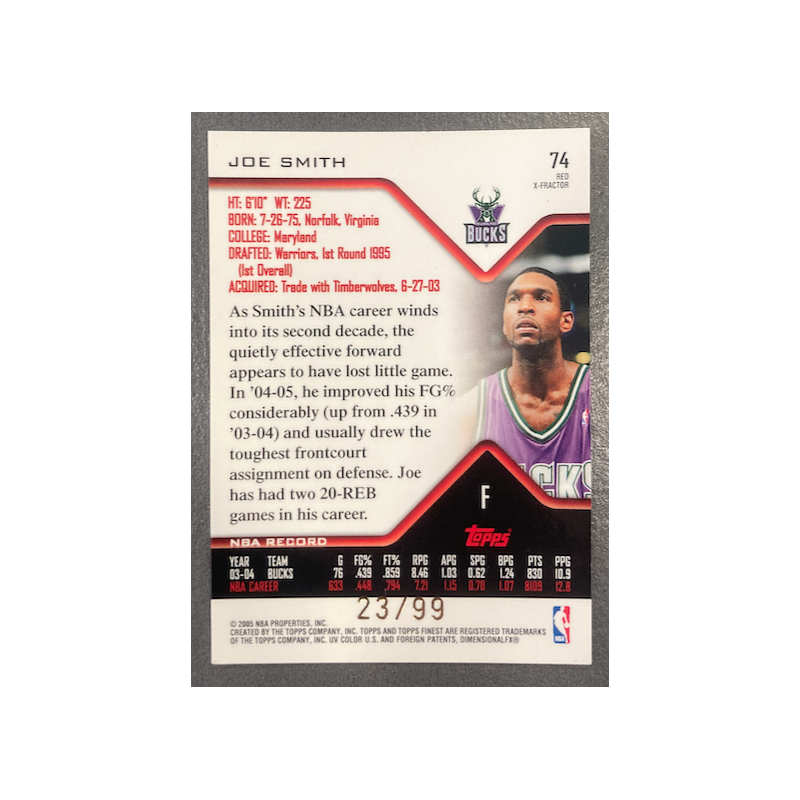 JOE SMITH 2004-05 TOPPS FINEST X-FRACTOR RED 23/99