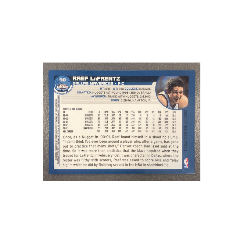 RAEF LAFRENTZ 2002-03 TOPPS CHROME REFRACTOR 90