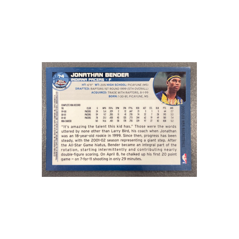 JONATHAN BENDER 2002-03 TOPPS CHROME WHITE BORDER REFRACTOR 194/249