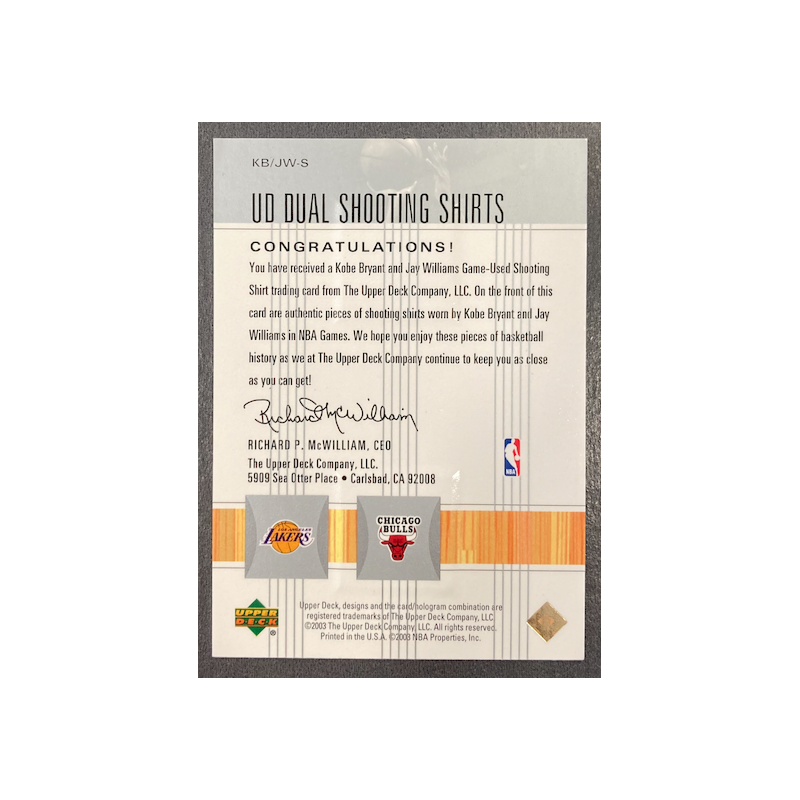 KOBE BRYANT / J .WILLIAMS 2002-03 UPPER DECK DUAL SHOOTING SHIRTS KBJWS