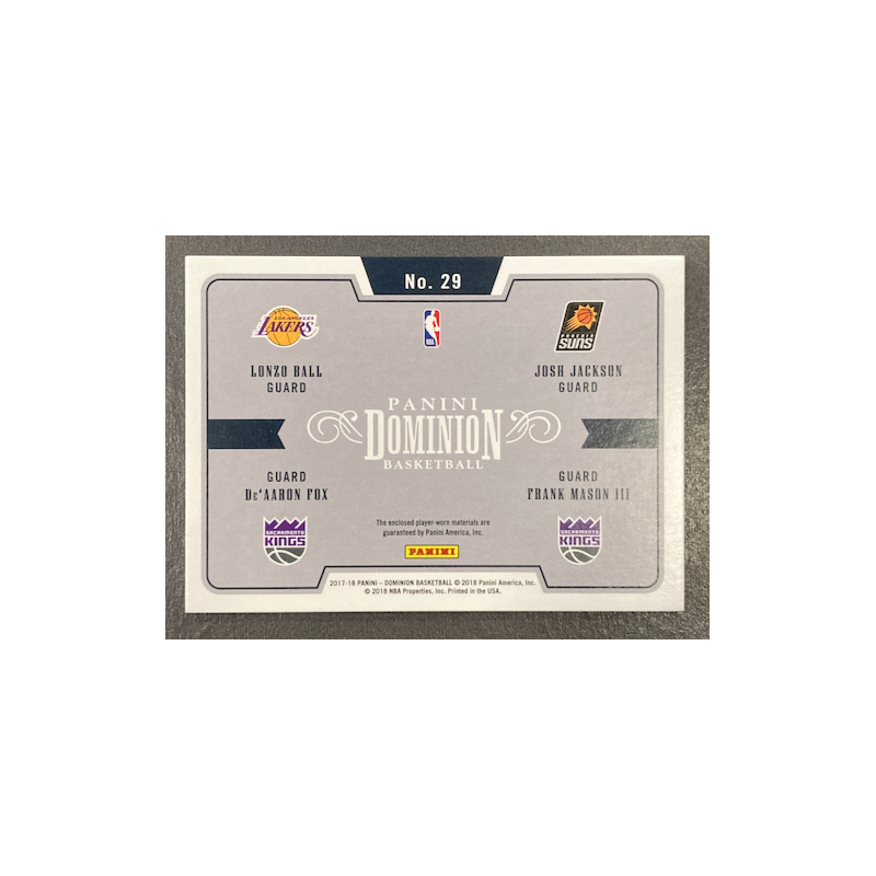 L.BALL / J.JACKSON / D.FOX / F.MASON III 2017-18 PANINI DOMINION QUAD ROOKIES JERSEYS 68/99