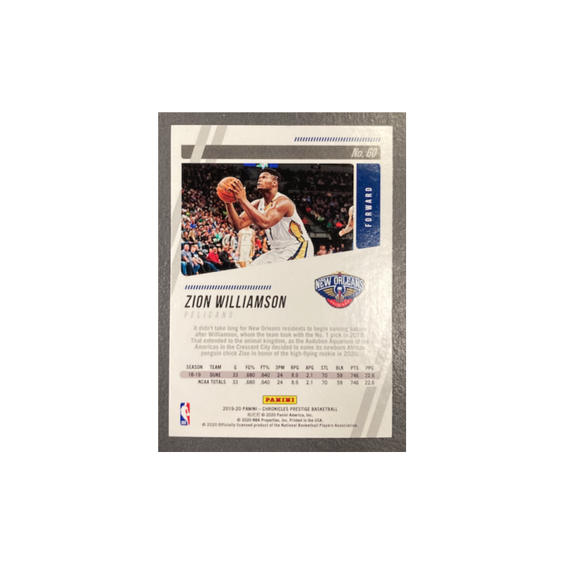 ZION WILLIAMSON 2019-20 PANINI CHRONICLES PRESTIGE ROOKIE - 60