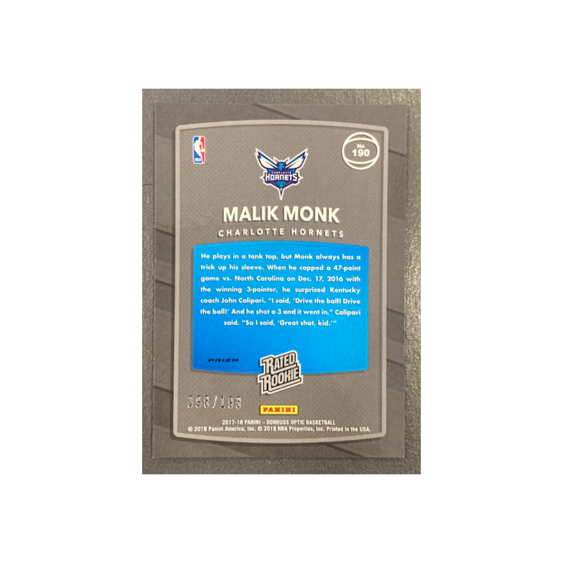 MALIK MONK 2017-18 DONRUSS OPTIC FAST BREAK ORANGE PRIZM RATED ROOKIE 098/193