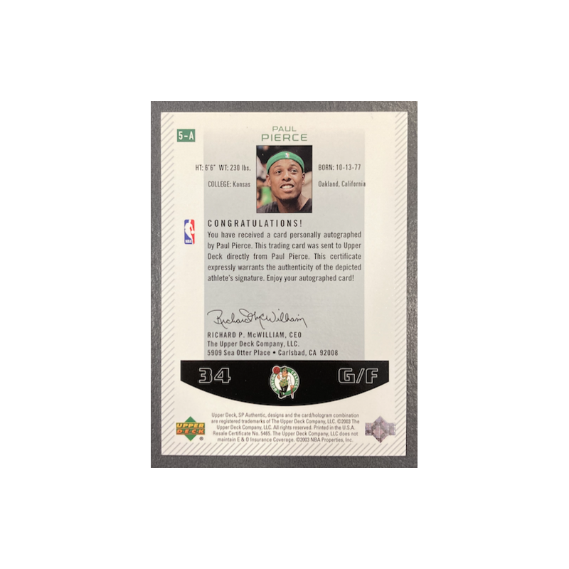 PAUL PIERCE 2002-03 UPPER DECK SP AUTHENTIC AUTO