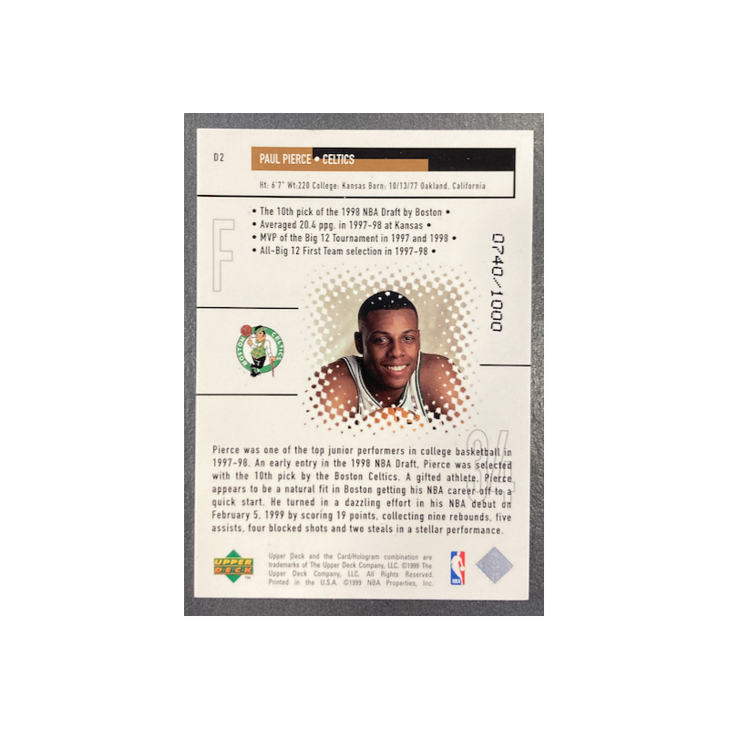 PAUL PIERCE 1998-99 UPPER DECK BLACK DIAMOND DOMINANCE 0740/1000