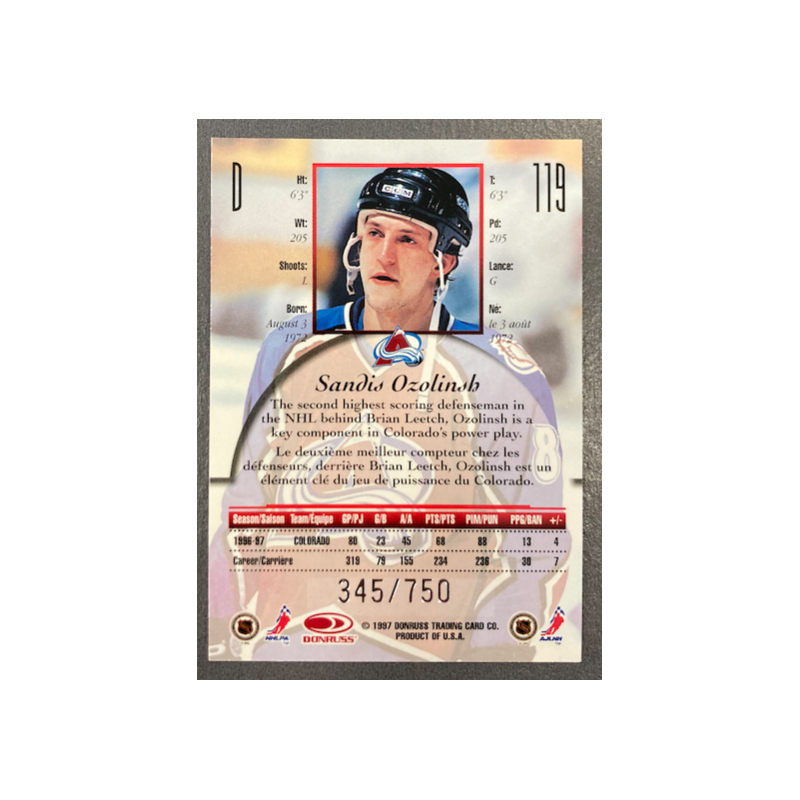 SANDIS OZOLINSH 1997-98 DONRUSS CANADIAN ICE PROVINCIAL SERIES 345/750