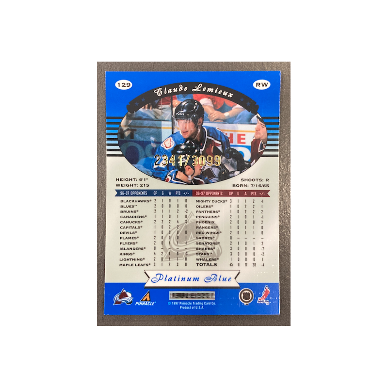 CLAUDE LEMIEUX 1997-98 PINNACLE CERTIFIED MIRROR BLUE 2341/3099