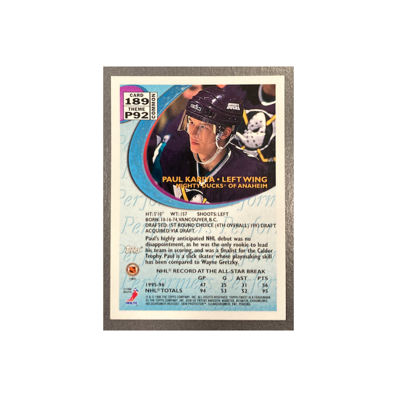 PAUL KARIYA 1995-96 TOPPS FINEST 189 - EXMT CONDITION