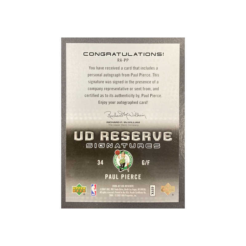PAUL PIERCE 2006-07 UPPER DECK RESERVE SIGNATURES AUTO