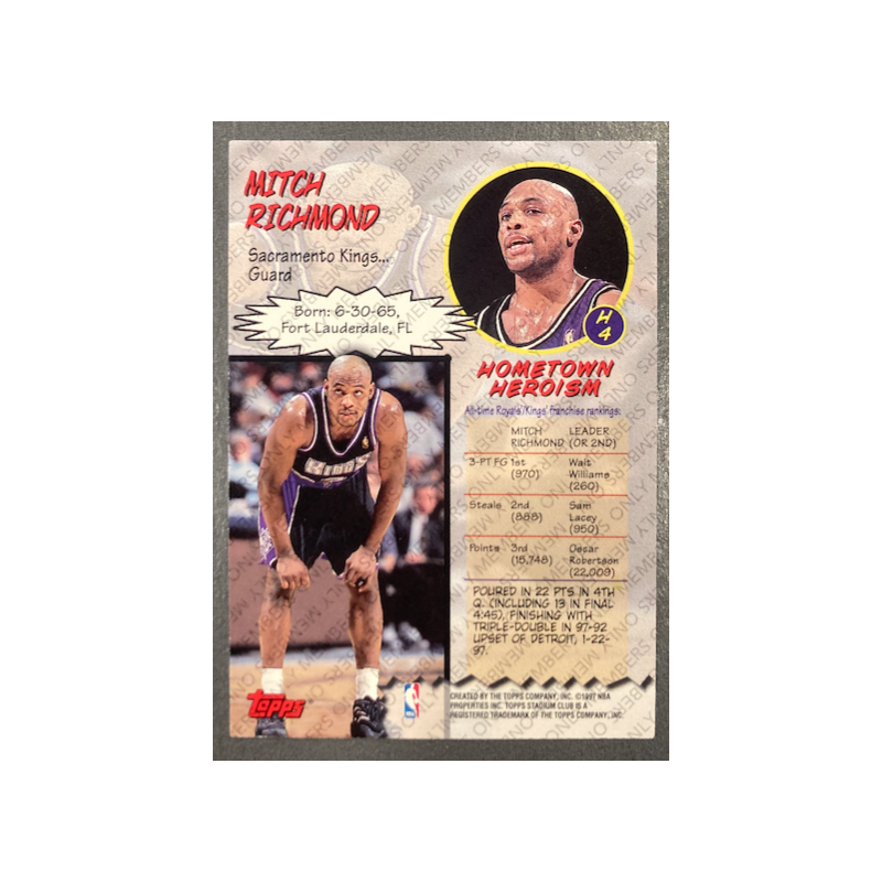 MITCH RICHMOND 1997-98 TOPPS STADIUM CLUB HARDCOURT HEROICS MEMBERS ONLY - H4