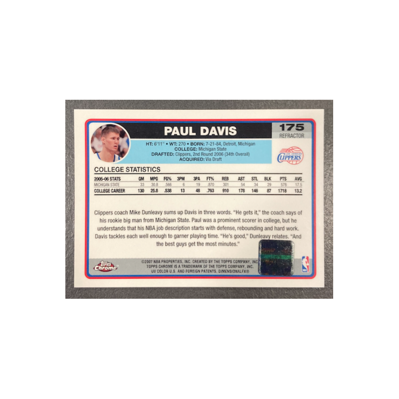 AUL DAVIS 2006-07 TOPPS CHROME BLACK REFRACTOR ROOKIE AUTO