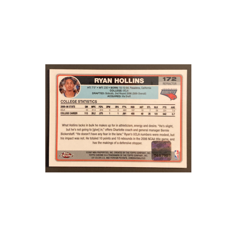 RYAN HOLLINS 2006-07 TOPPS CHROME ROOKIE AUTO REFRACTOR BLACK