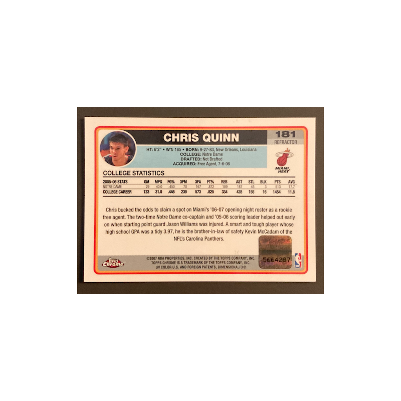 CHRIS QUINN 2006-07 TOPPS CHROME ROOKIE AUTO REFRACTOR BLACK