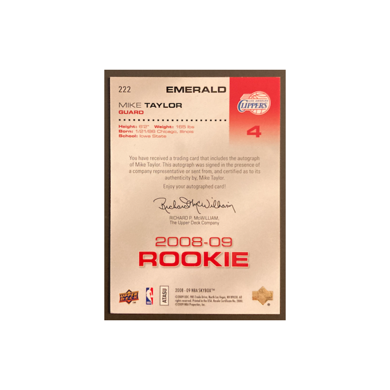 MIKE TAYLOR 2008-09 SKYBOX EMERALD ROOKIE AUTO