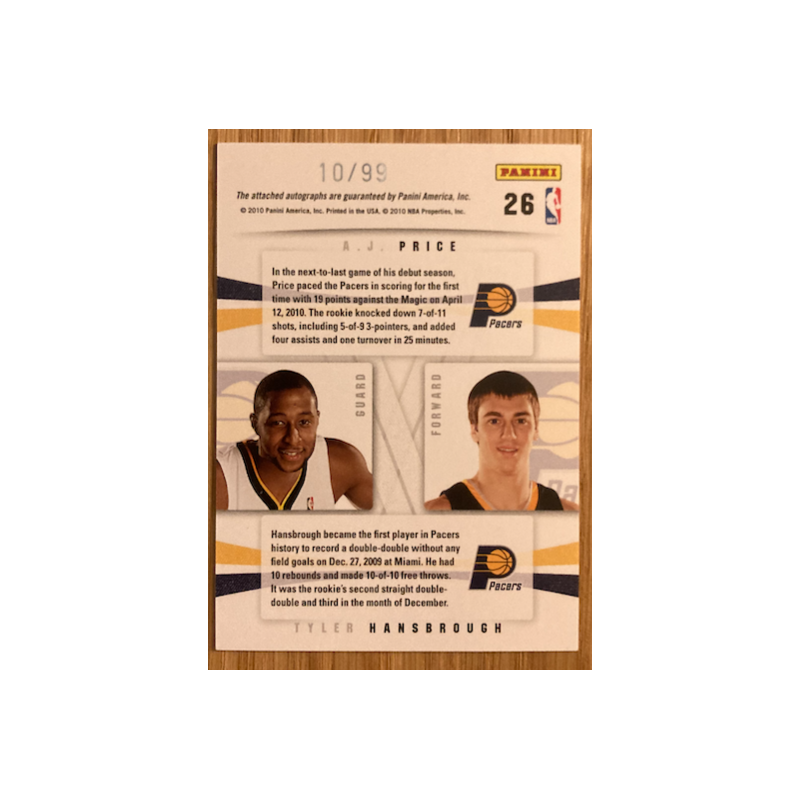 A.J PRICE / TYLER HANSBROUGH 2009-10 PANINI SEASON UPDATE DUAL ROOKIE AUTO 10/99