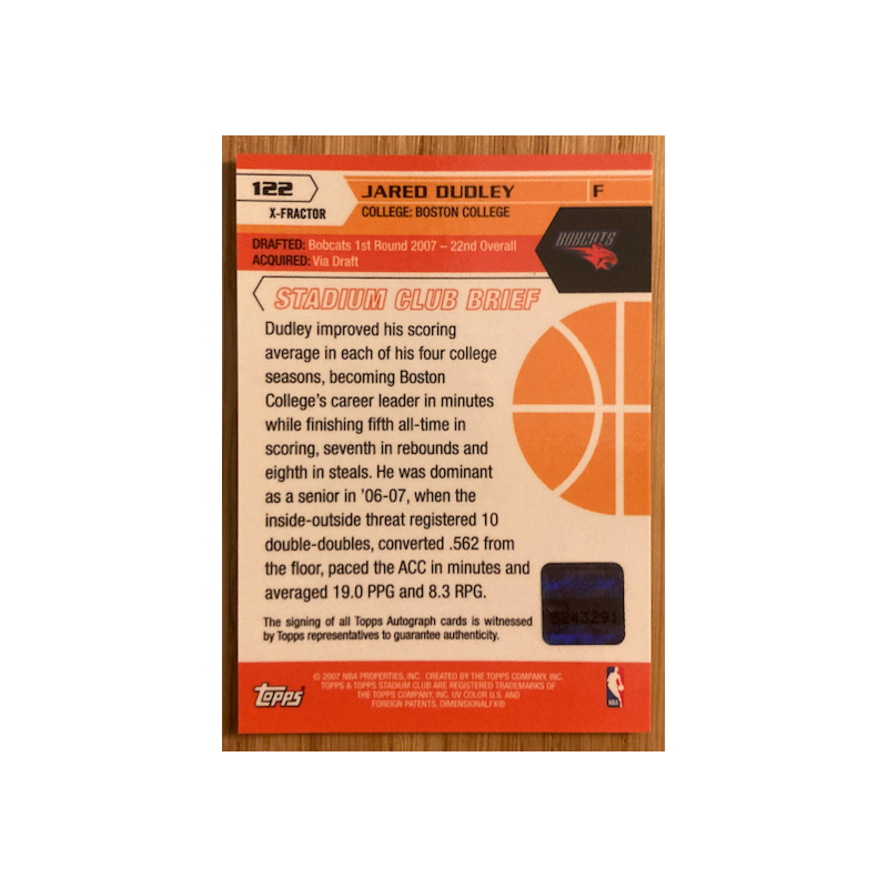 JARED DUDLEY 2007-08 TOPPS STADIUM CLUB CHROME ROOKIE X-FRACTOR AUTO