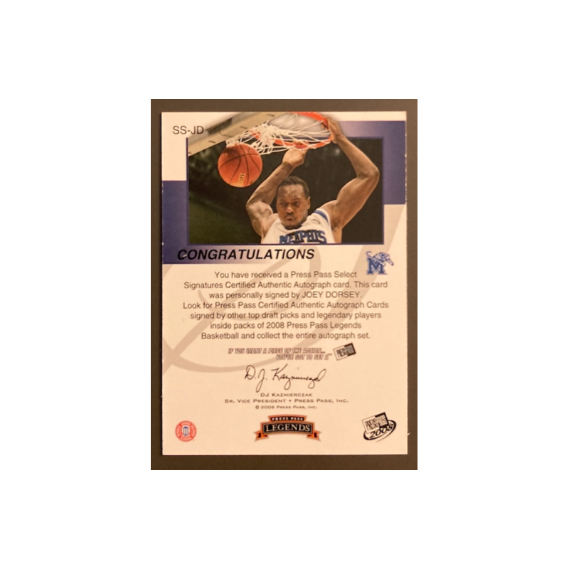 JOEY DORSEY 2008-09 PRESS PASS LEGENDS SELECT SIGNATURES AUTO