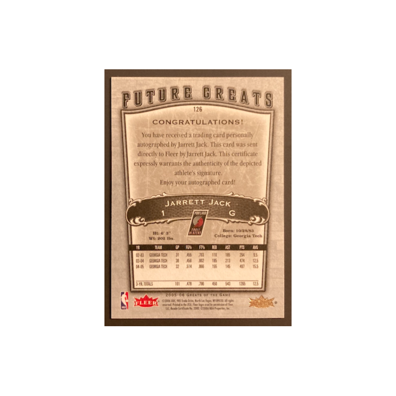 JARRETT JACK 2005-06 FLEER GREATS OF THE GAME ROOKIE AUTO 31/99