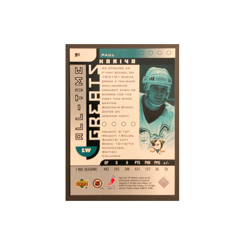 PAUL KARIYA 2001 SP AUTHENTIC ALL-TIME GREATS 1846/3500