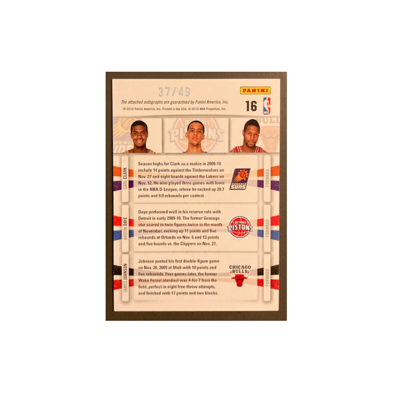 EARL CLARK / AUSTIN DAYE / JAMES JOHNSON 2009-10 PANINI SEASON UPDATE ROOKIE TRIPLES AUTO 37/49