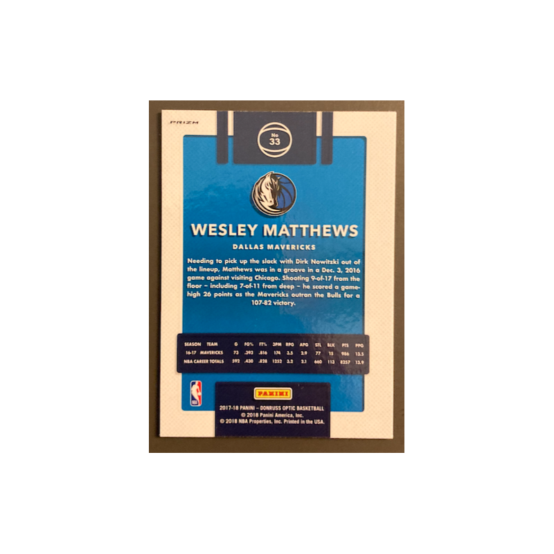 WESLEY MATTHEWS 2017-18 DONRUSS OPTIC FAST BREAK HOLO PRIZM