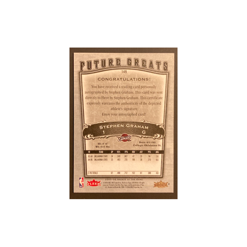 STEPHEN GRAHAM 2005-06 FLEER GREATS OF THE GAME FUTURE GREATS RC AUTO 56/99