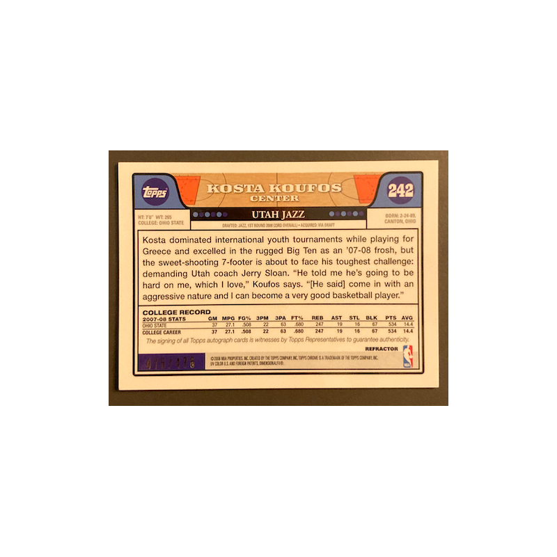 KOSTA KOUFOS 2008-09 TOPPS CHROME REFRACTOR ROOKIE AUTO