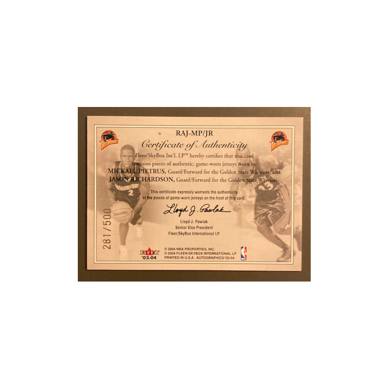 MICKAEL PIETRUS / JASON RICHARDSON 2003-04 SKYBOX AUTOGRAPHICS ROOKIES AFFIRMED JERSEY 281/500