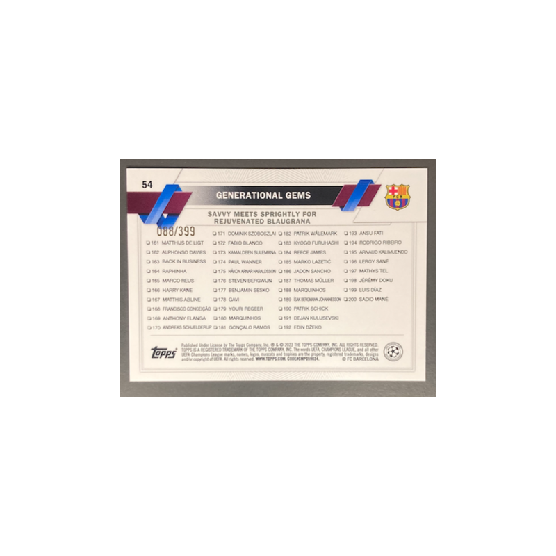 FC BARCELONA GENERATIONAL GEMS 2022-23 TOPPS UEFA COMPETITIONS ICY AQUA FOIL 088/399