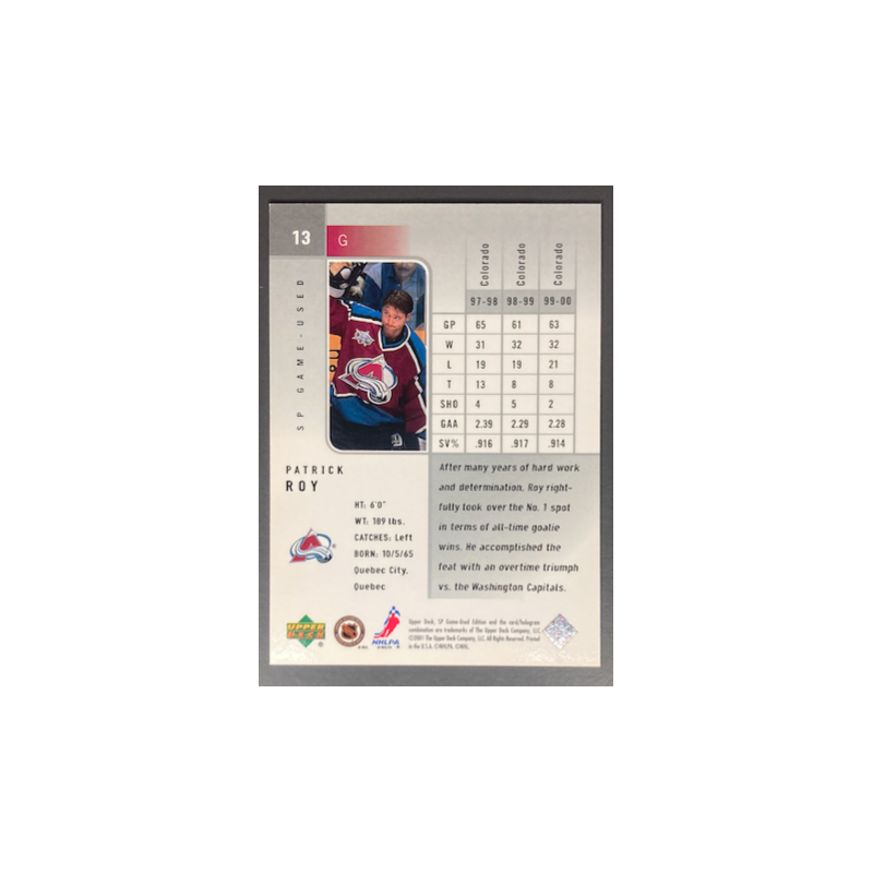 PATRICK ROY 2000 UPPER DECK SP GAME USED - 13