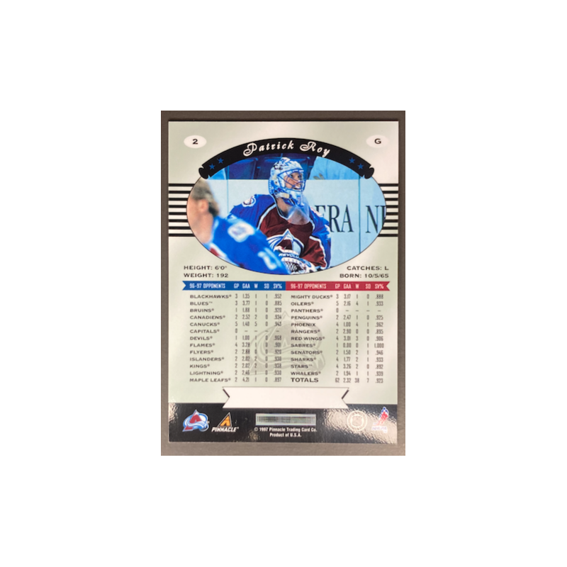 PATRICK ROY 1997 PINNACLE CERTIFIED - 2