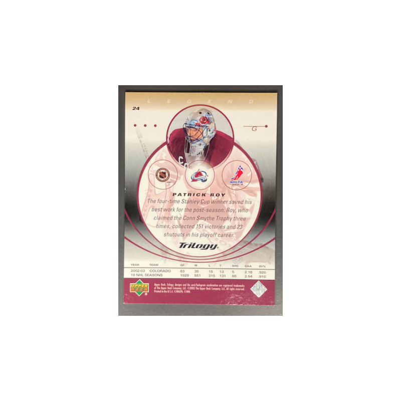 PATRICK ROY 2003 UPPER DECK TRILOGY FUTURE STAR LEGEND - 24