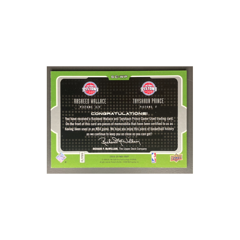 RASHEED WALLACE / TAYSHAUN PRINCE 2008-09 UPPER DECK MVP STAR COMBOS JERSEY