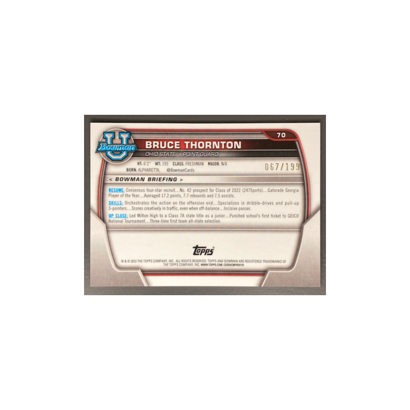BRUCE THORNTON 2022-23 BOWMAN CHROME UNIVERSITY BLUE REFRACTOR /199