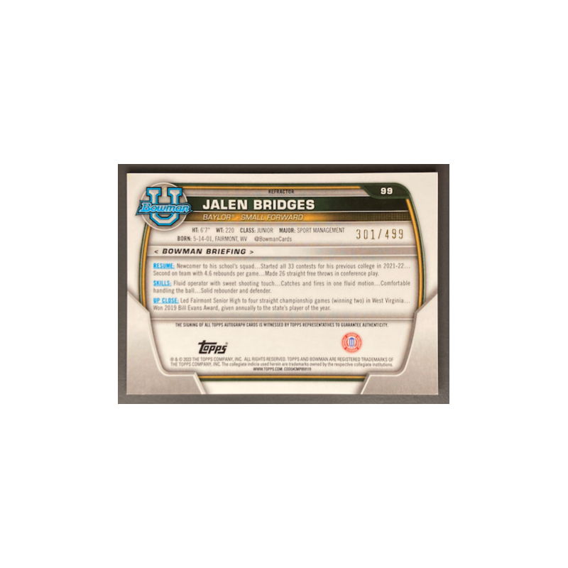 JALEN BRIDGES 2022-23 BOWMAN CHROME UNIVERSITY 1ST AUTO REFRACTOR /499