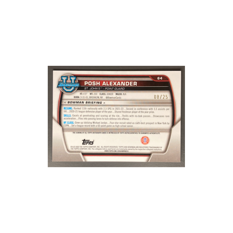 POSH ALEXANDER 2022-23 BOWMAN CHROME UNIVERSITY 1ST ORANGE SHIMMER AUTO /25